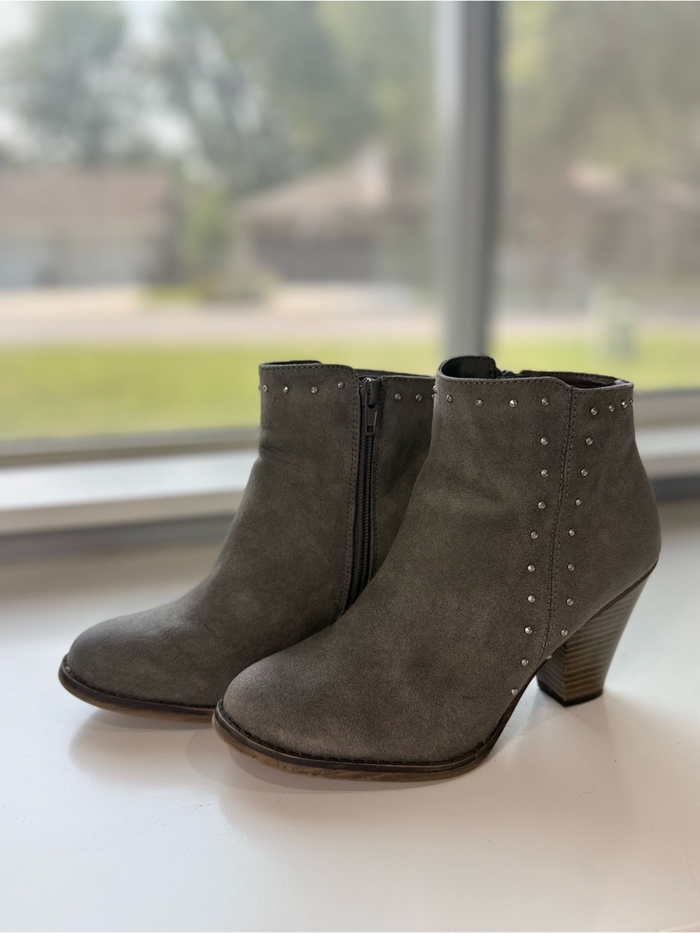 MIA Gray Suede Studded Ankle Booties